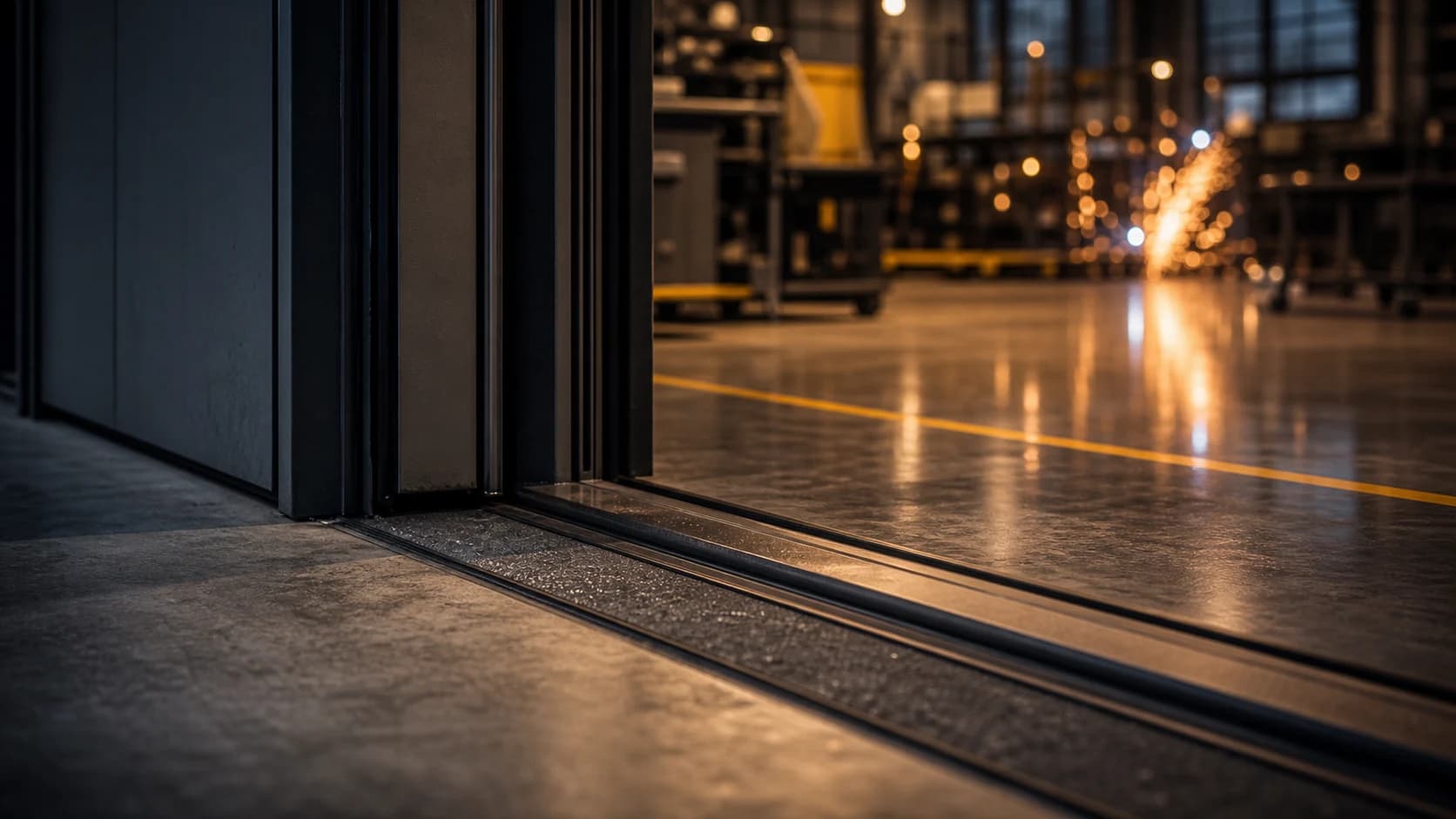 Industrial threshold detail with steel tracks and warm reflections.