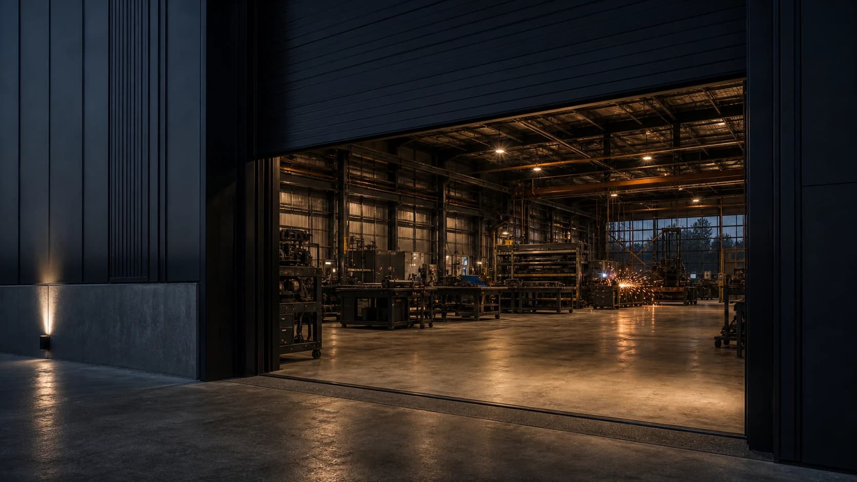 Open industrial entrance leading into a warm workshop.