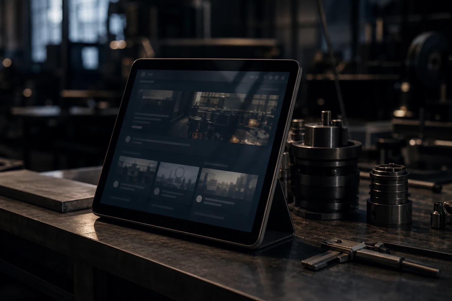 Tablet on a metal workbench showing an abstract quiet digital presence.