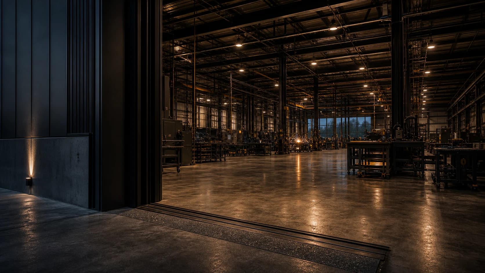 View from the hall threshold into a deep modern workshop.