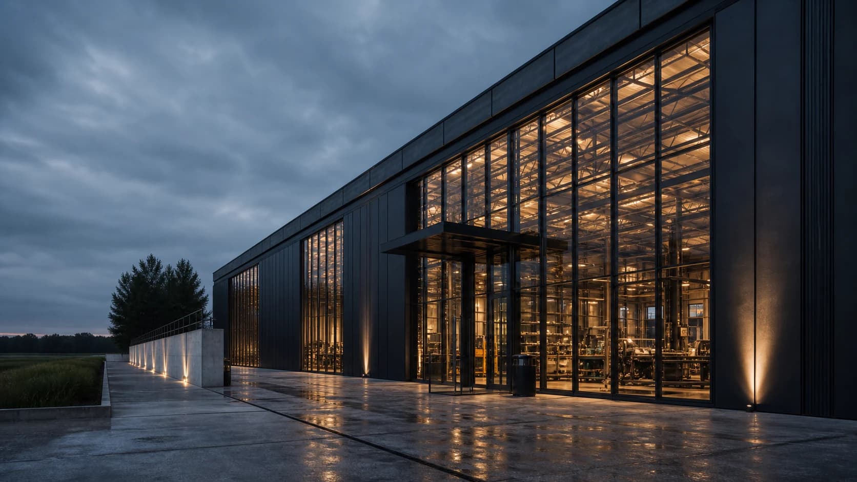 Premium glass and steel workshop exterior with warm interior production light.