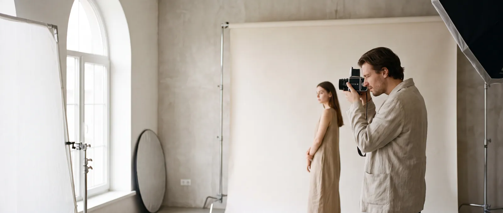 Photographer at work in the studio with a model