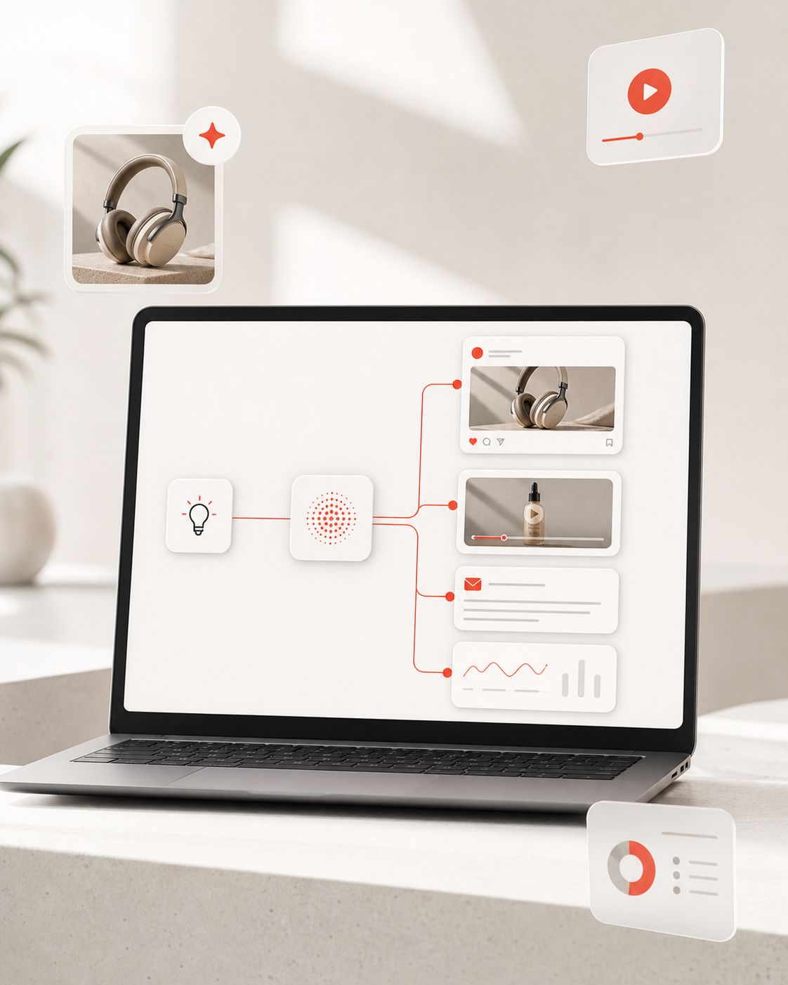 Automatisierter Content-Flow mit Laptop, Verbindungslinien und digitalen Workflow-Karten