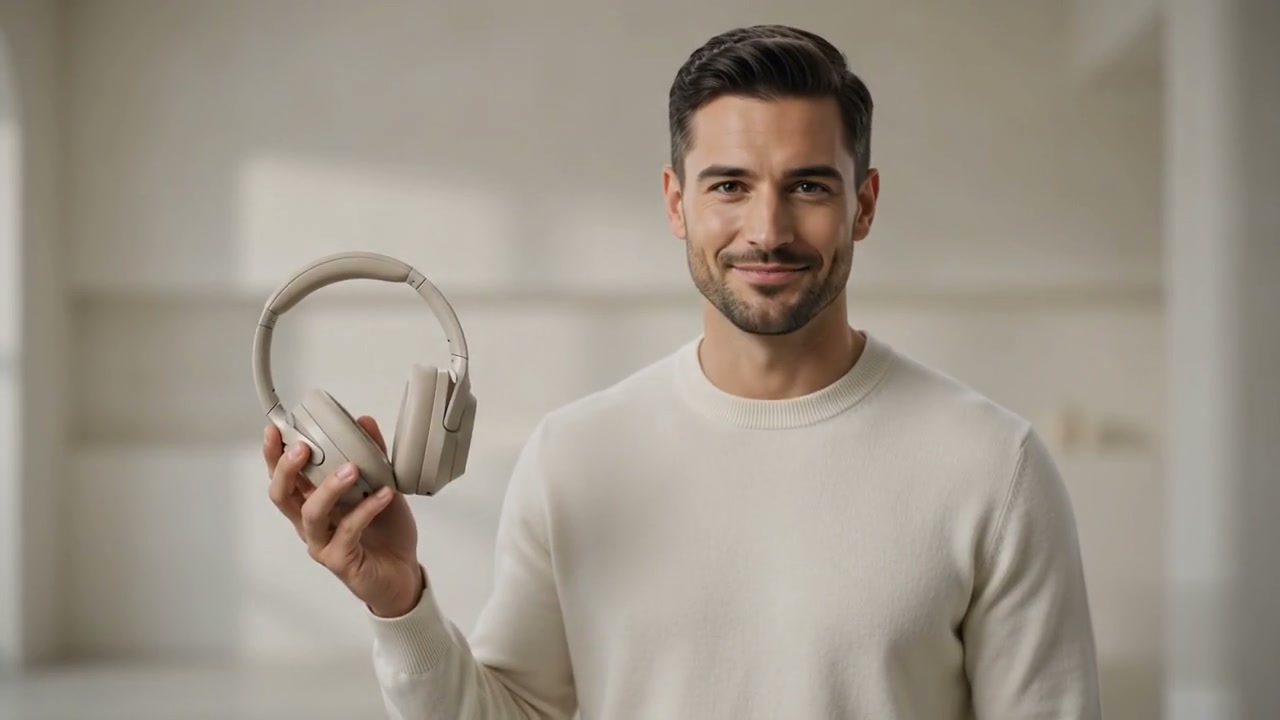 Professionelles Produkt- und Social-Media-Video mit beigen Over-Ear-Kopfhörern in einem hellen Studio