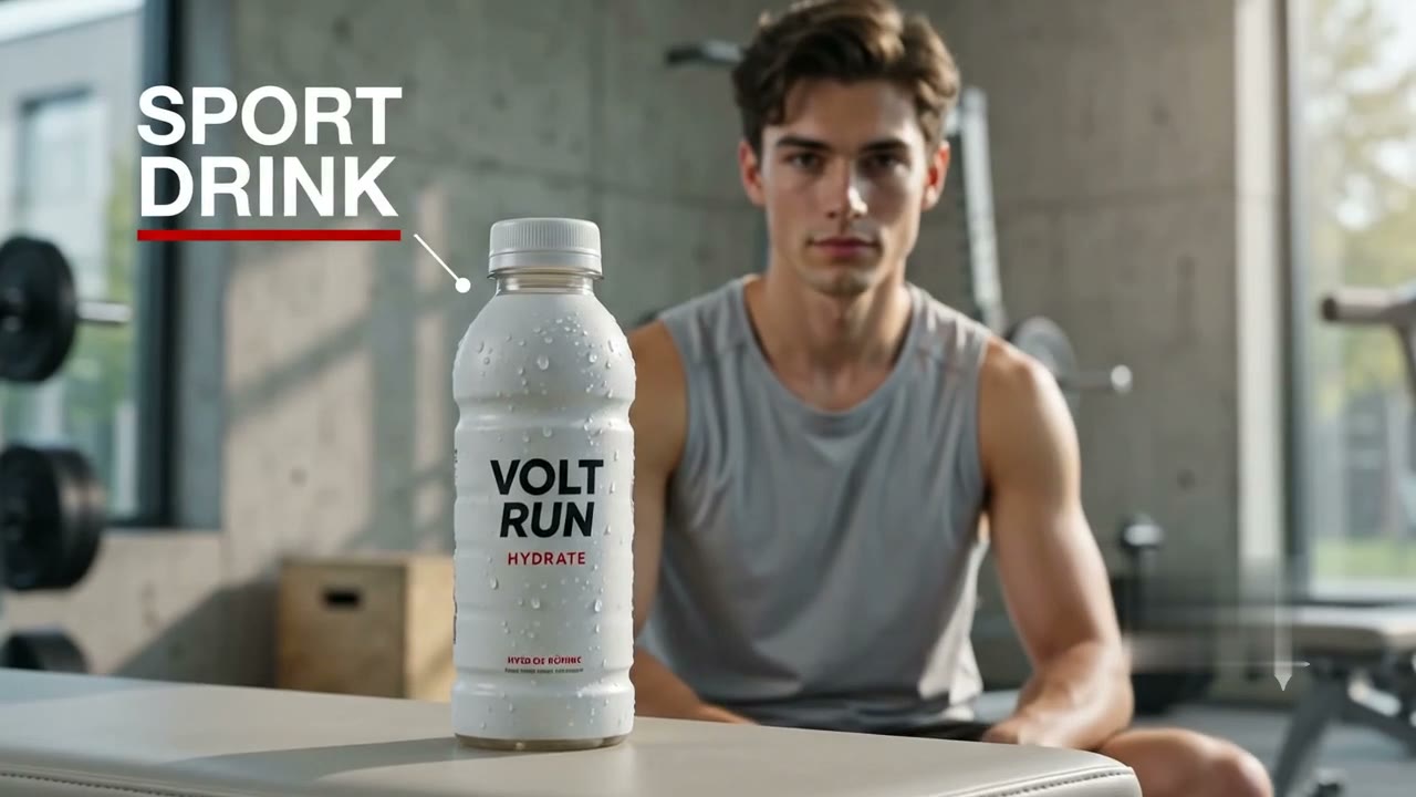 Cinematische Produktpräsentation eines fiktiven Sportgetränks mit Influencer im Fitness-Studio